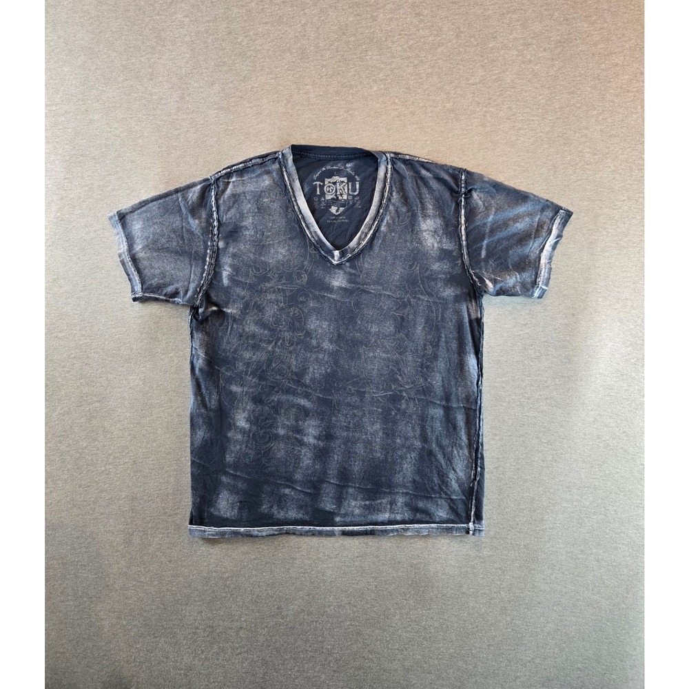 Toku T-Shirt Mens Large Charcoal Grey Acid Wash Y2K Distressed Contrast Stitch
